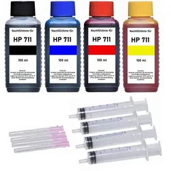 Nachfüllset für HP 711 +711XL Druckerpatronen - 4 x 100 ml Druckertinte + Zubehör