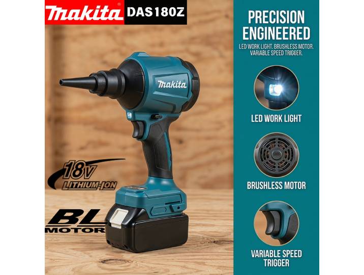 Souffleur d'air sans fil Makita DAS180 18V sans balais avec buse pour le nettoyage des machines et des plans de travail