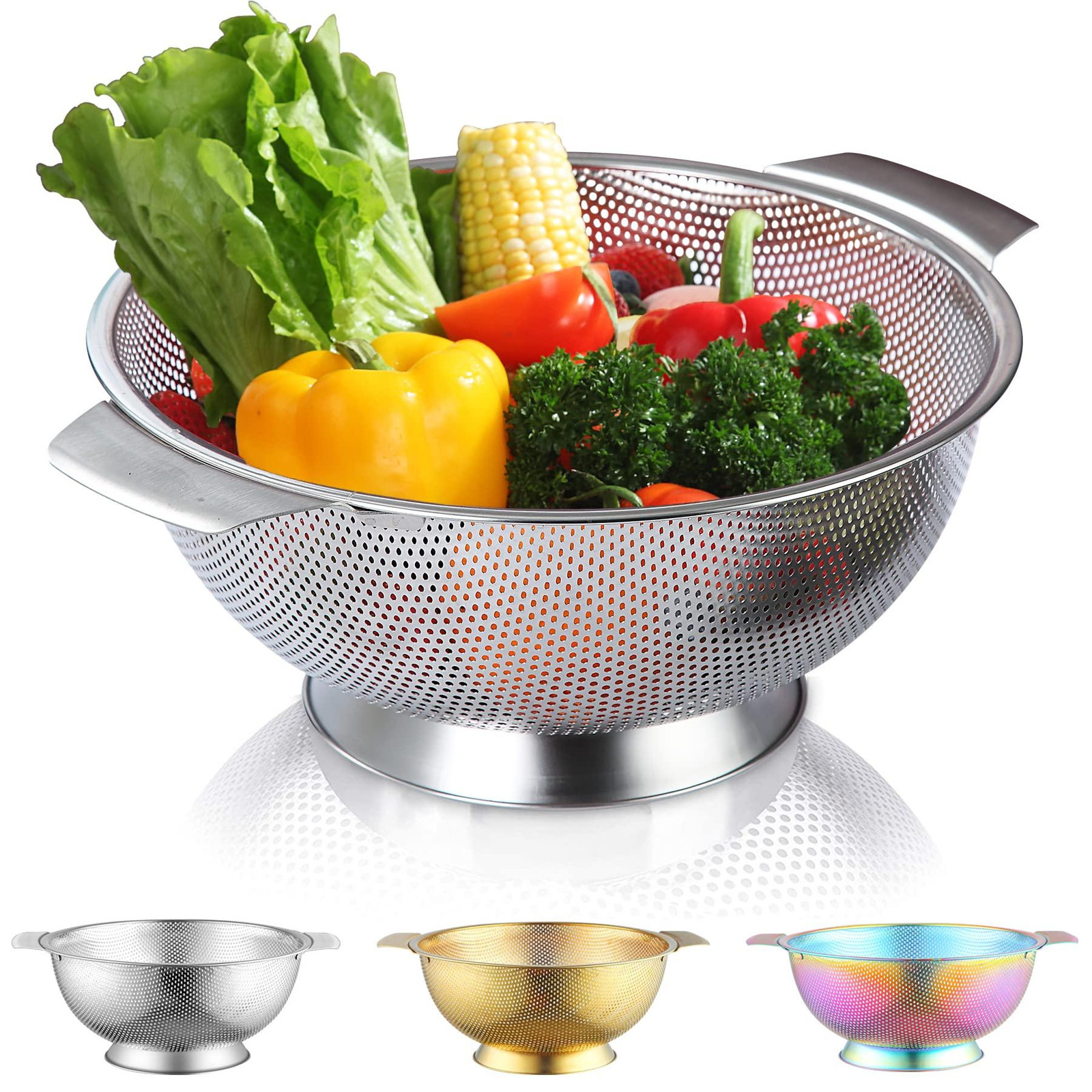 Dripio RVS-zeef met handgrepen en zelfledigende ringvoet, Breedte: 28,5 cm