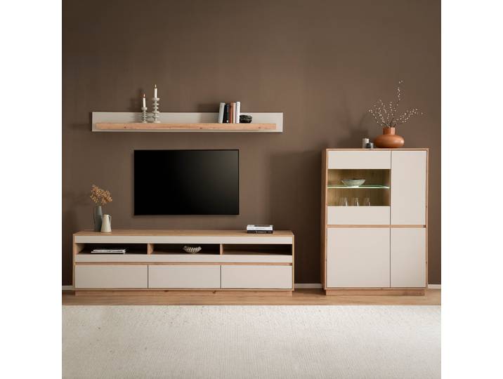 Wohnwand 3-teilig mit Highboard Spanplatte, beschichtet Braun/Beige 292 x 205 x 45cm