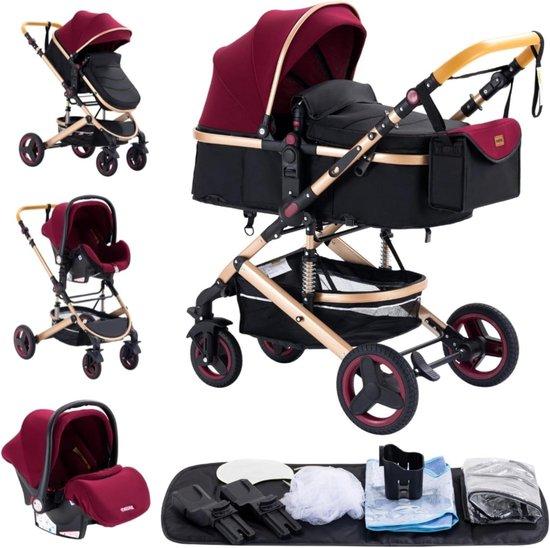 Kinderwagen 3-in-1 - Reisebett, Duo-Kinderwagen - Für unterwegs mit Baby - Doppelachssuspension - 60 x 40 x 105 cm - Rot