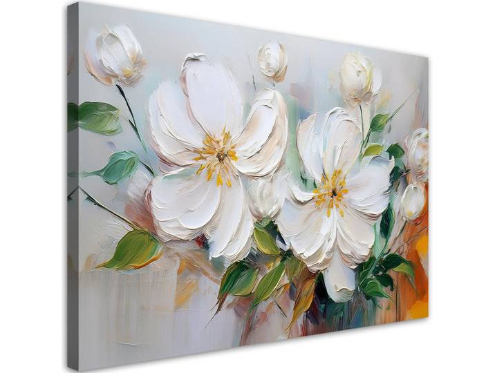Feeby Wandbild weiße blühende blumen wie gemalt, Weiß, Floral, Rechteckig, 100x70 cm, Bilder & Rahmen, Bilder, Leinwandbilder