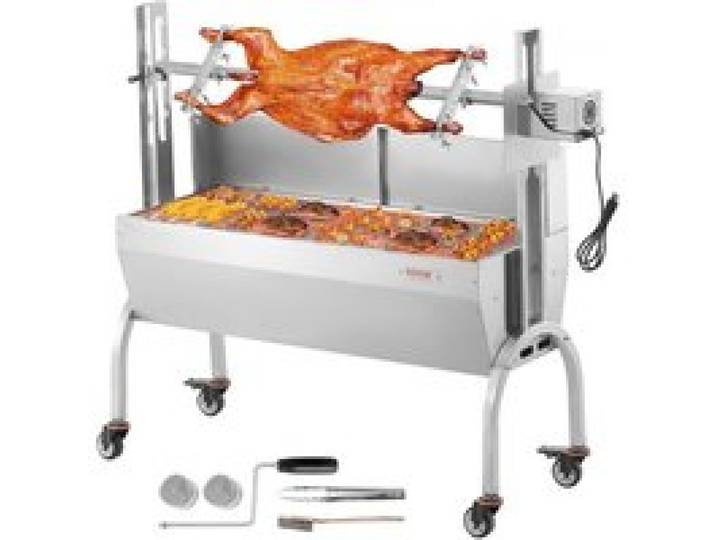 VEVOR Barbecue à Charbon avec Tournebroche Électrique 52 W Charge 90 kg, Rôtissoire Barbecue 118,5 cm, en Inox, avec Pare-Brise et Roues Verrouillables, pour Rôtir Agneau Porcelet Poulet Camping