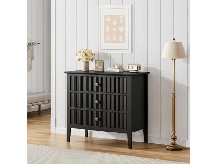 GarveeMore Kommode 3 Schubladen 80x40x75 cm, Fluted Design Schwarz 3 Schubladen Fluted Design Metallgriff MDF Nacht-/Beistellschrank