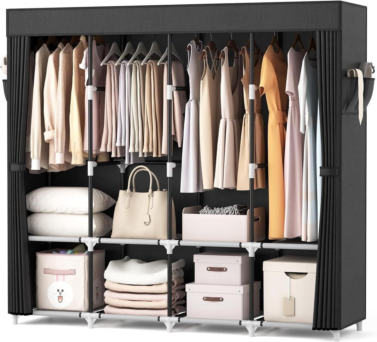 Draagbare kledingkast van textiel en metaal in zwart met grote capaciteit, Breedte: 170 cm