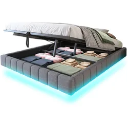 OKWISH Modernes Polsterbett 160x200 cm Grau mit LED Lichtleiste Schwebeoptik Luftdruck Stauraum stabiler Metallrahmen Leinenstoff Doppelbett