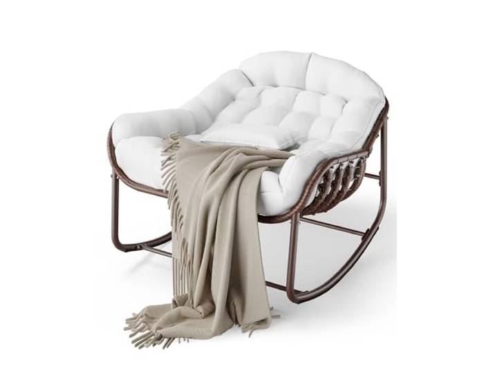 GarveeHome Papasan Schaukelstuhl mit Kissen für Garten und Wohnzimmer Stahlrahmen, Gepolstert, Veranda, Terrasse, Garten, Indoor