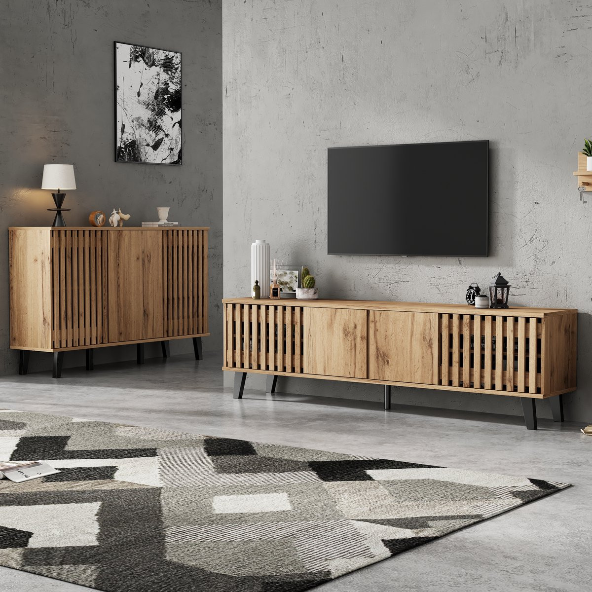 MODENUIT Tv-Meubel en Dressoir met Opbergvakken en Deuren, Naturel
