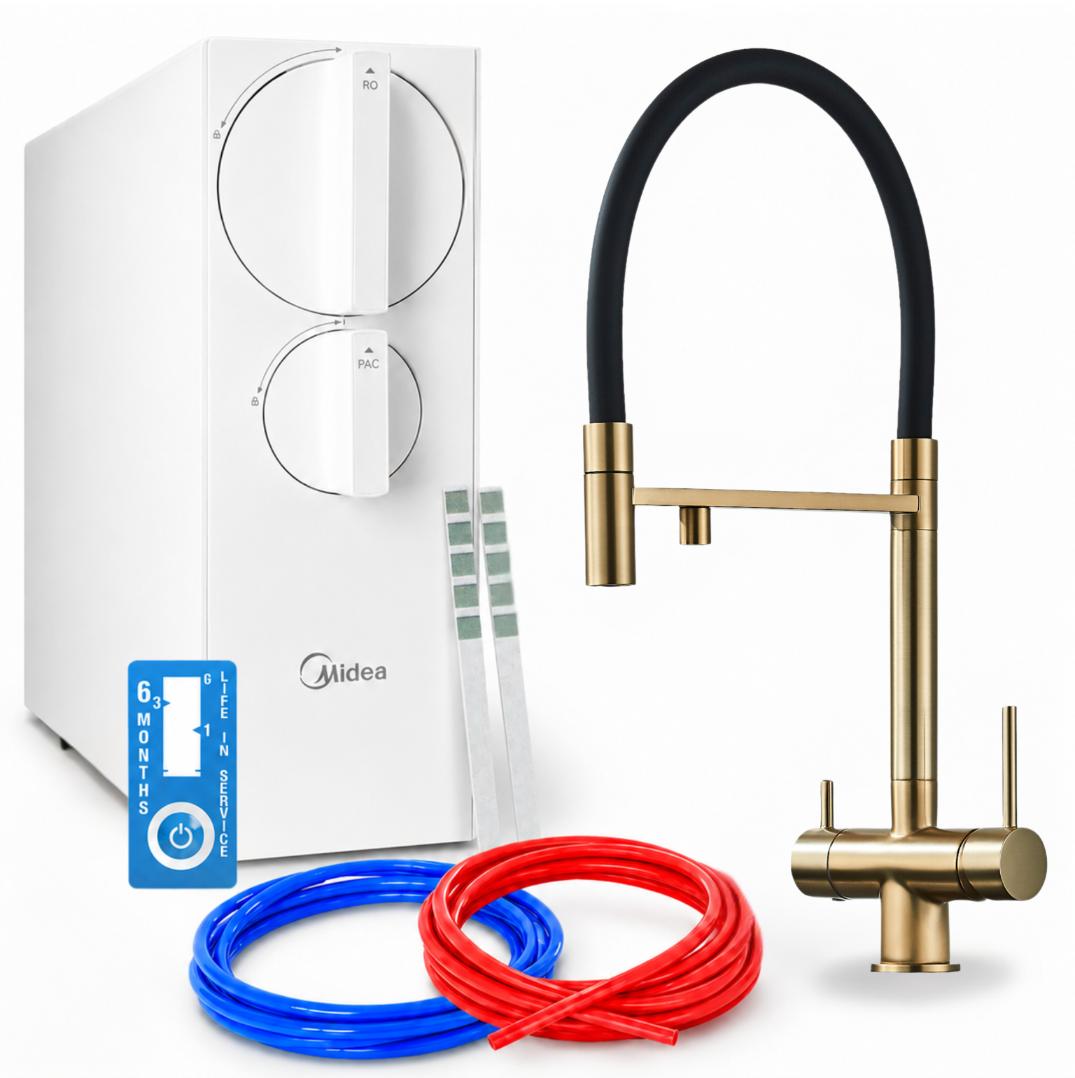 Wasserfiltersystem Mit Küchenarmatur Ari Highflex, Umkehrosmose 800 Gpd, Zweigriffarmatur, Perlator, Messing, Gebürstetes Gold