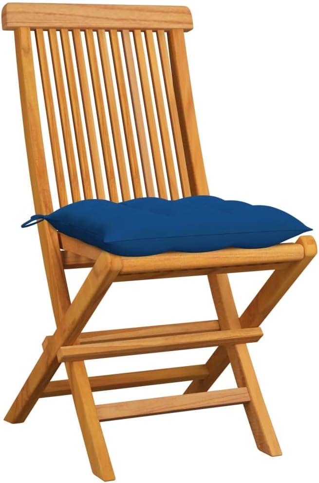 6 klappbare Gartenstühle aus massivem Teakholz mit blauen Sitzkissen, bis 110 kg pro Sitzplatz belastbar