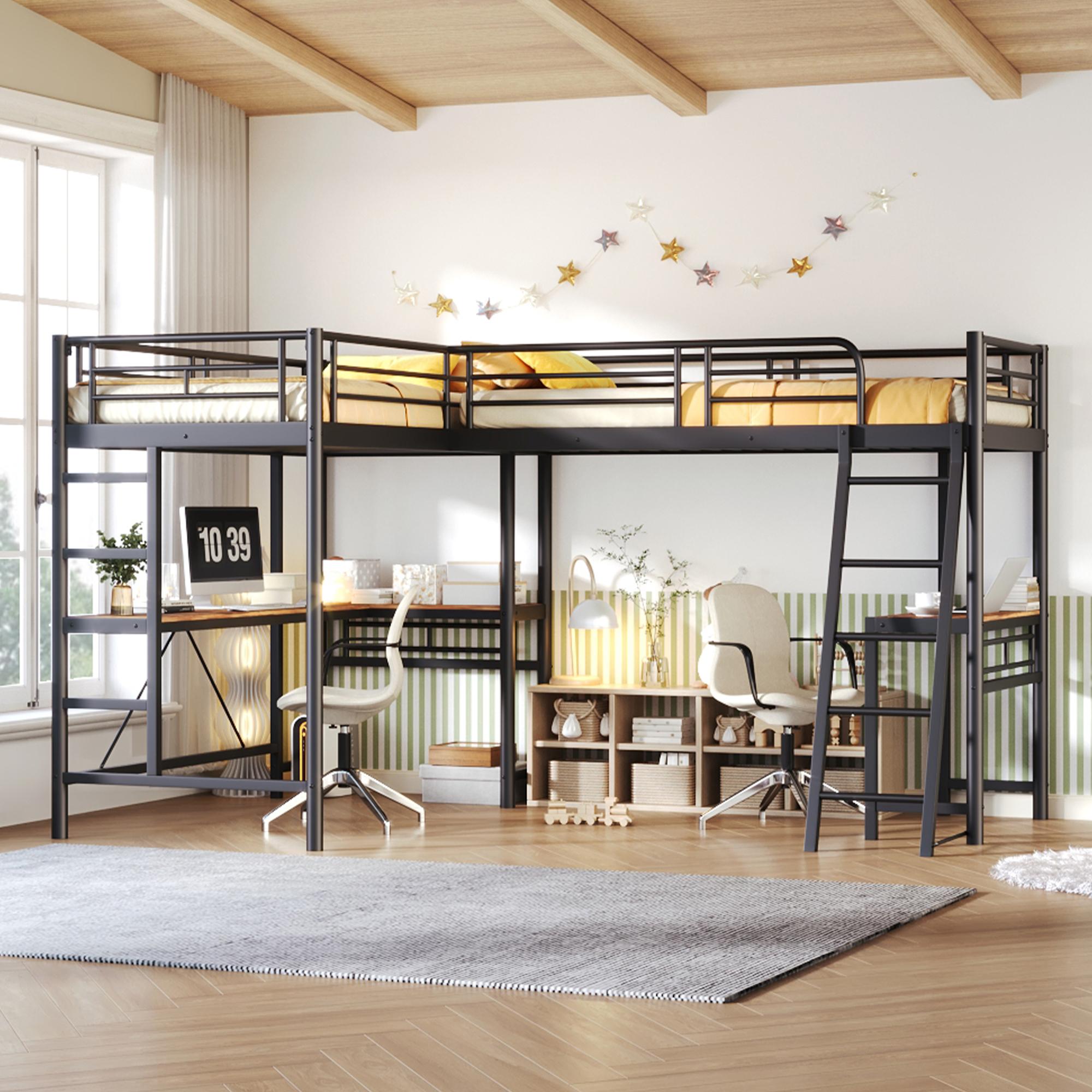 Hochbett 90x200 cm, Schwarz, mit Tisch unter dem Bett, Doppeltreppe, hohem Gel?nder, Metall, ohne Matratze