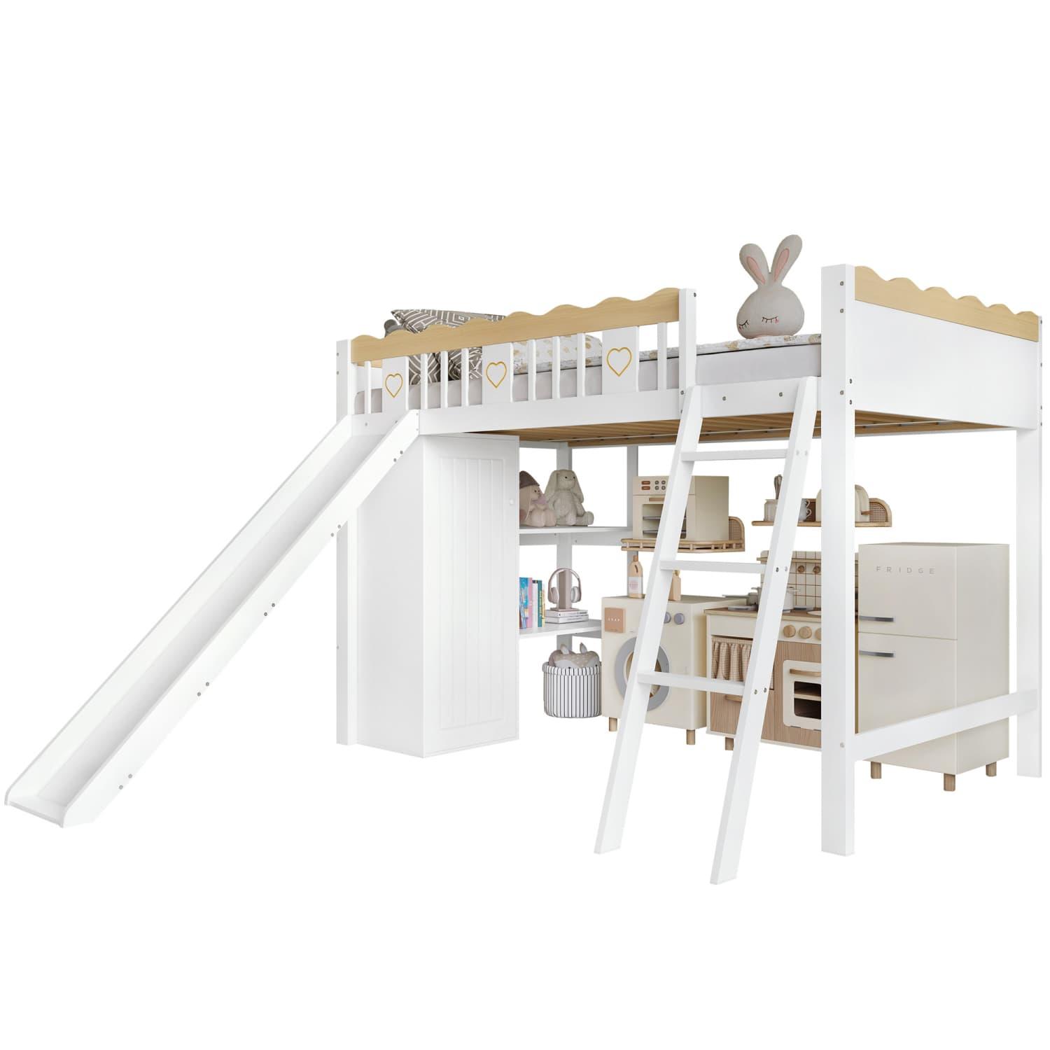 Etagenbett,Kinderbett,Mit Kinderrutsche,Kleiderschrank und Ablageschrank unter dem Bett,Vierseitiger Zaun mit exquisiten Mustern Kiefer+MDF+Sperrholz
