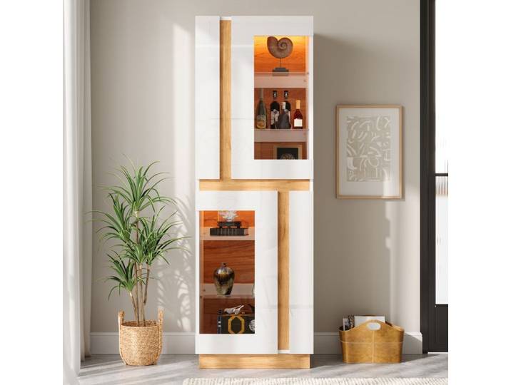 Exposition élégante : Vitrine haute avec LED connectées 2 portes vitrées et étagères pour vaisselle déco et livres