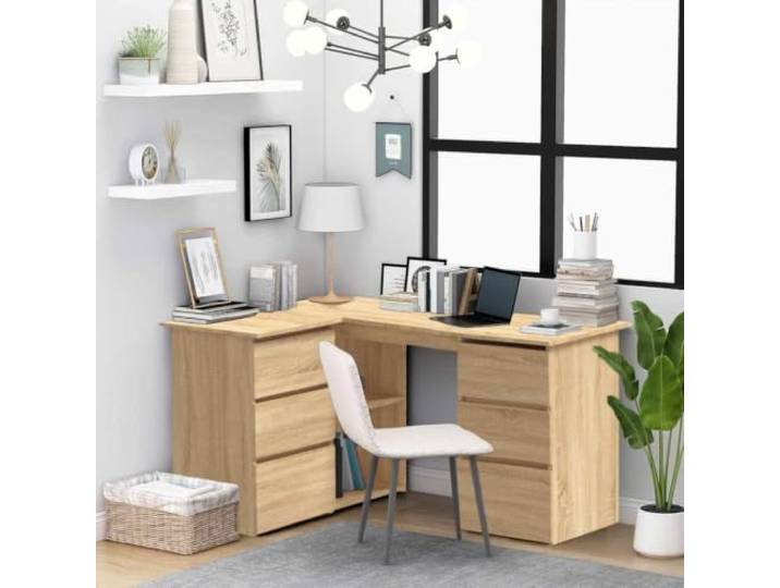 Eckschreibtisch Eiche 145 x 100 x 76 cm, Sonoma- Holzwerkstoff Sonoma Eiche 4 Schubladen und 2 Einlegeböden mit Türen, 2 Einlegeböden ohne Türen, für Arbeitszimmer, Holzwerkstoff