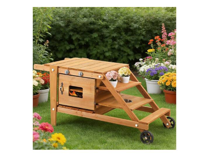 Flieks Outdoor-Spielküche Massivholz, Kinderküche mit Rollen Matschküche Küchenset mit Zubehör 132x59x60.5cm