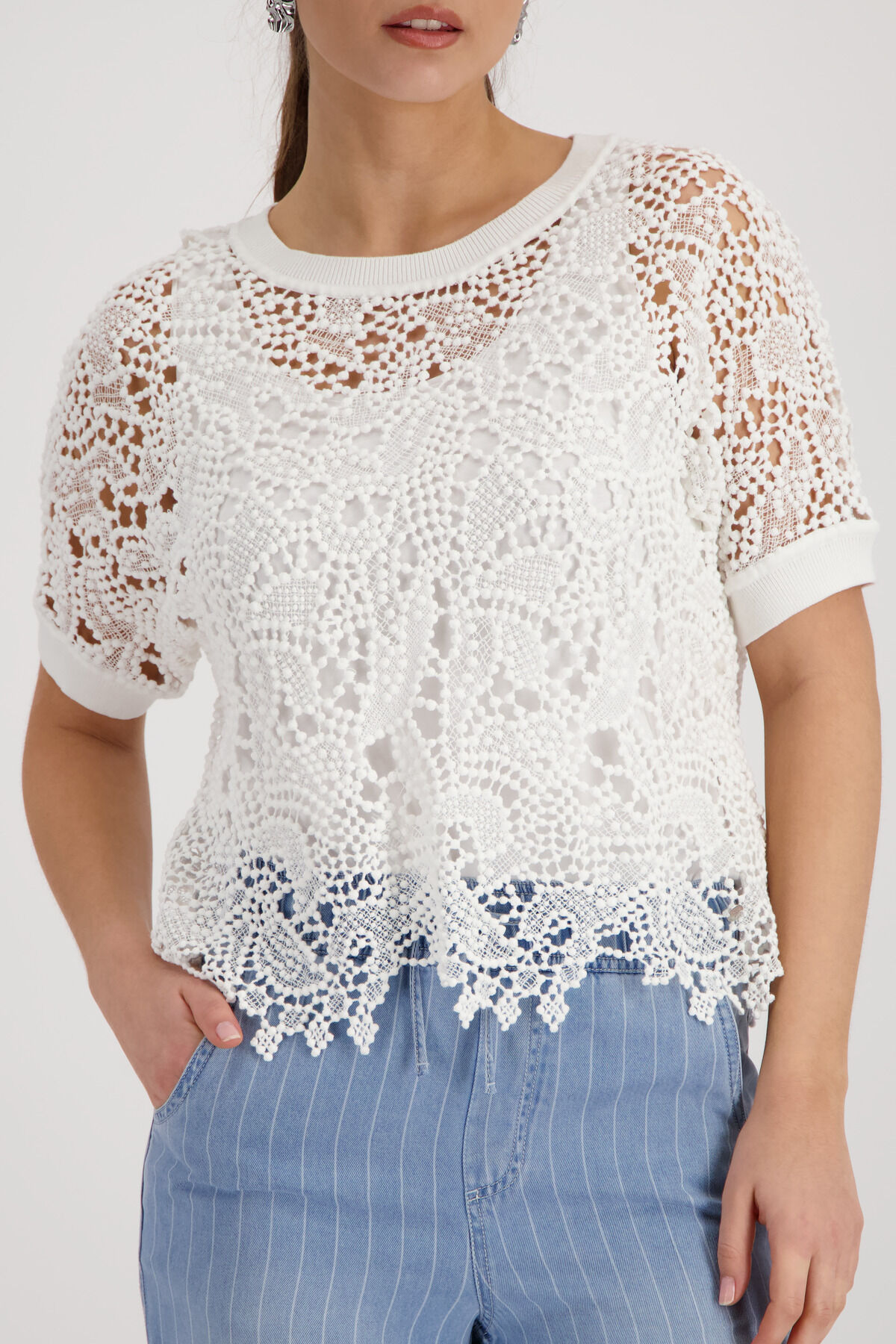 Ajourpullover MONARI "Pullover Basic Spitze", Damen, Gr. 36, weiss (sanftes weiß), Strick, Obermaterial: 100% Baumwolle. Spitze: 92% Baumwolle, 6% Polyamid, 2% Elasthan, transparent, unifarben, regular fit normal, Rundhals, Pullover Ajourpullover, aus Spi