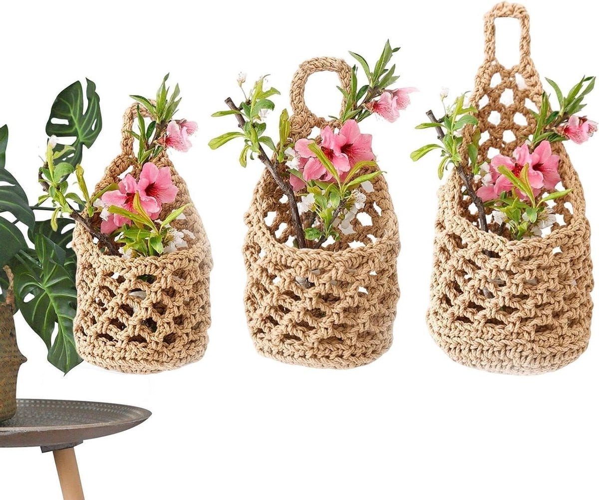 Set van 3 handgeweven bruine plantenhangers voor wanddecoratie
