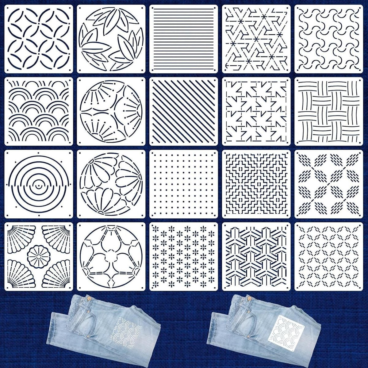 Set van 20 Sashiko Sjablonen voor Geometrische Patronen, Handquilten en Textielontwerp met Letter Sjablonen en Kerstmotieven
