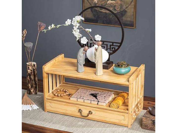 FUYAO 3-stufiger Altartisch für spirituellen Puja-Tisch mit Schublade, Tischaufbewahrung, Meditationstisch für Wohnzimmer, orientalischer Stil, Couchtisch, Schrank, natürlicher Bambus