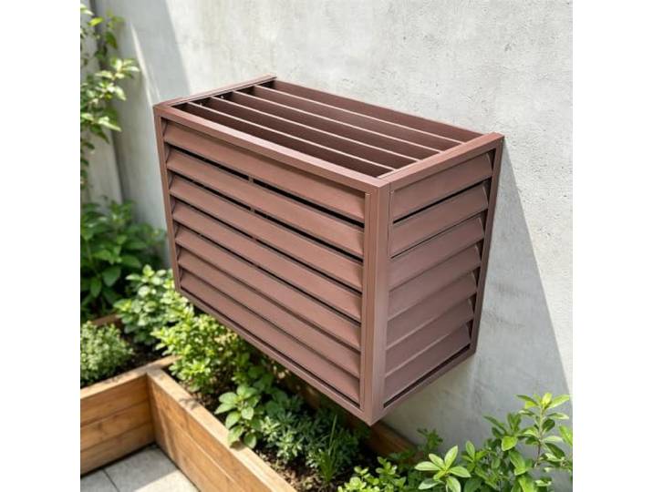 Wärmepumpenverkleidung Außen Standhaube Alu Braun Lamellenkopf 120x70x150cm Werkstoff Alulegierung Finish Pulverlackierung Luftstrom Lamellengitter Deckel Lamellenprofil Montage Eckwinkel-System