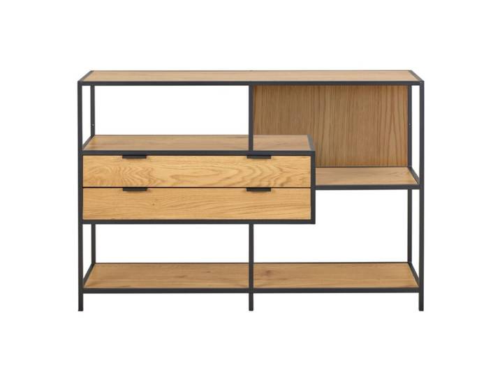 Trendstore Auroa Regal niedrig mit 2 Schubladen - in Grau oder Schwarz mit Eiche Nachbildung - Stahlgestell schwarz matt pulverbeschichtet Standregal, Raumteiler, niedrige Höhe, asymmetrisches Design, vielseitig und funktional, in Grau oder Schwarz mit Wildeiche Nachbildung Modern