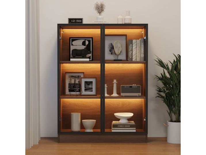 Vitrine en verre - SOGEU - N657P195711A - Éclairage LED intégré - 3 étagères - Cadre aluminium aspect bois