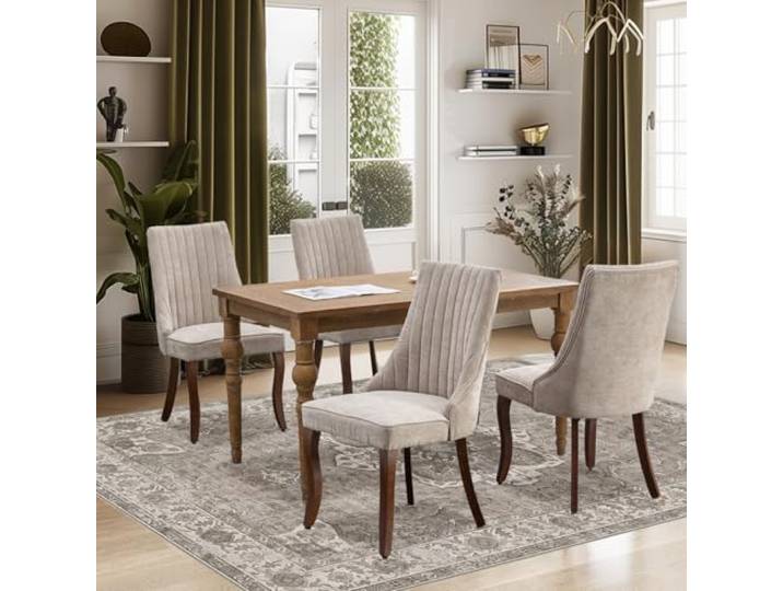 SoarFlash Set aus 4 Esszimmerstühlen, hoher Rücken mit vertikaler Polsterung, abgerundete Vollholzbeine, Elegante Polsterstühle für das Esszimmer, Graubeige