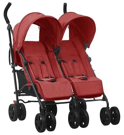 Geschwisterwagen Rot Stahl mit 12 Rädern, 4-fach verstellbarer Rückenlehne, klappbar, mit Verdeck und Korb, ideal für Spaziergänge, Einkaufen, Outdoor-Abenteuer