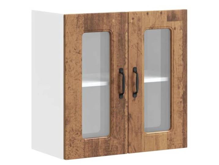 HKTMGDNG Küchen-Hängeschrank Kalmar Glastür Altholz-Optik 60x31x60 cm Kompakter Wandschrank für Esszimmer und Küche mit 70 kg Belastbarkeit sowie zwei Vitrinenfächern.