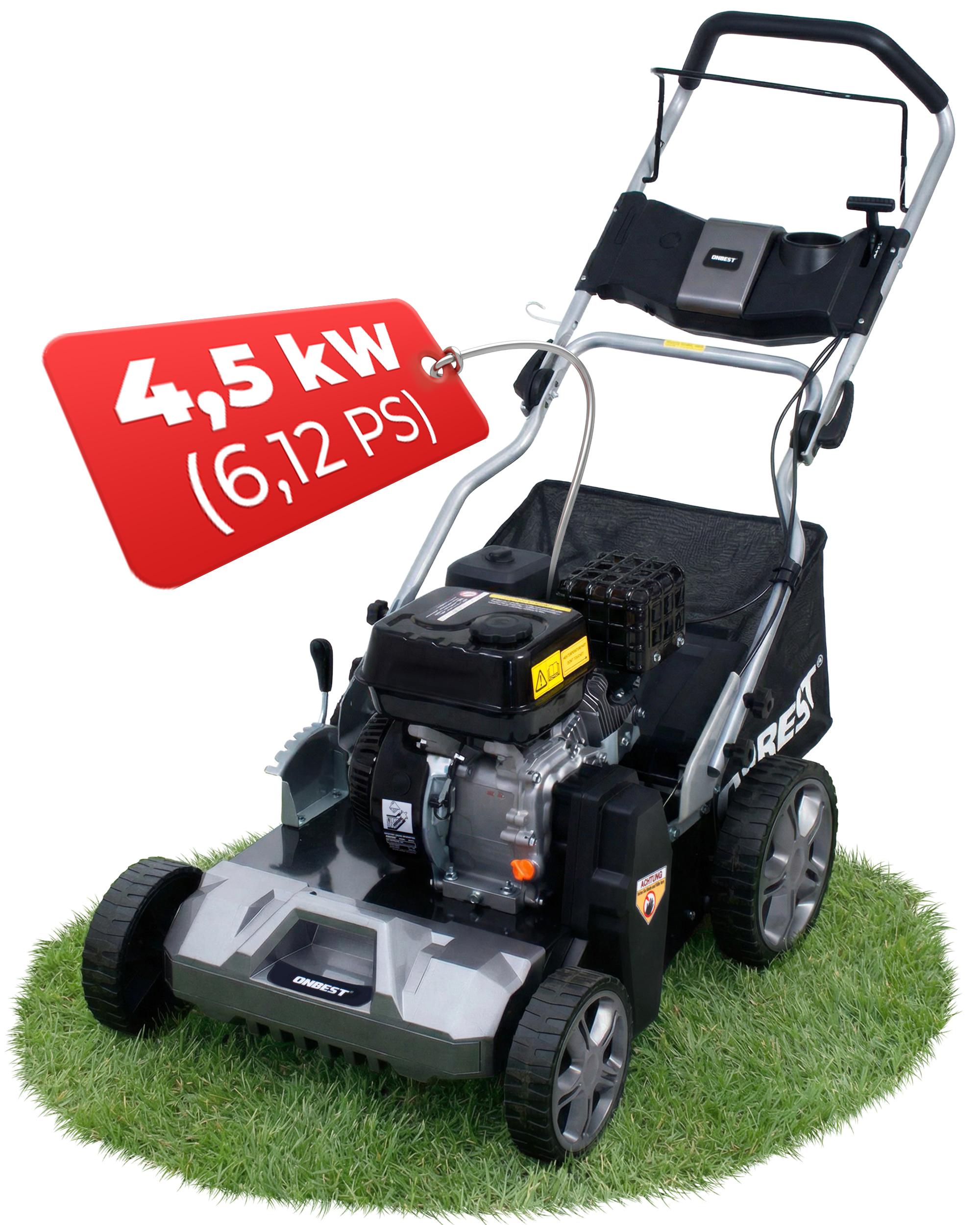 Vertikutierer Benzin ONBEST S4544 | 2in1 Rasenlüfter | 44 cm Arbeitsbreite | 4,5 kW / 6,12 PS | 45 L Fangkorb
