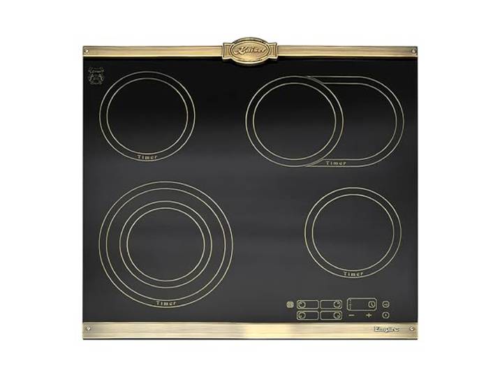 Kaiser Empire KCT 6185 Em Schwarz · Autarkes Glaskeramikkochfeld 60 cm · High-Light Elektro Kochfeld · 4 QuickHeat Zonen · Zweikreis & Bräterzone · Touch Control · Retro Bronze Design