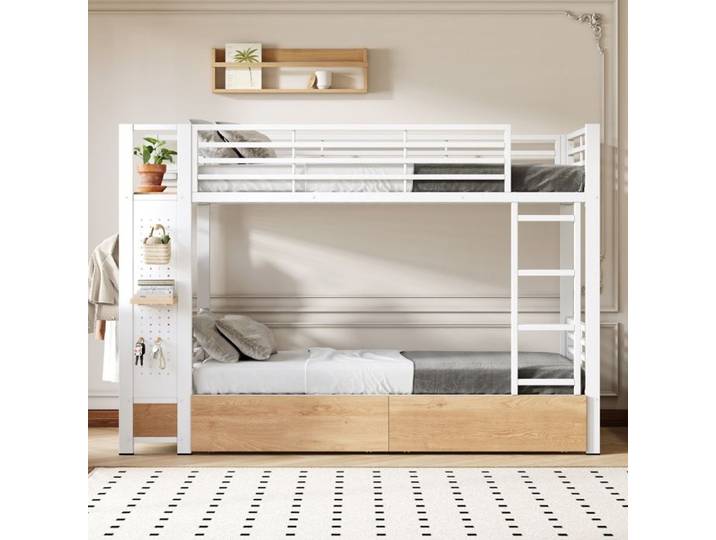 Luscriate - Lit superposé 90x200cm Lit métal avec LED 4 tiroirs étagères penderie enfant - blanc