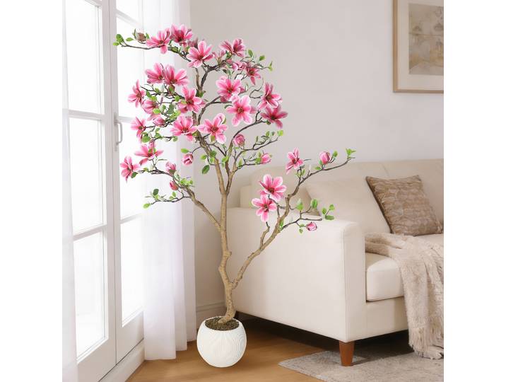 Arbre artificiel de magnolia rose réaliste pour la décoration intérieure – Plante artificielle en soie haute et réaliste en pot pour le salon et l'entrée