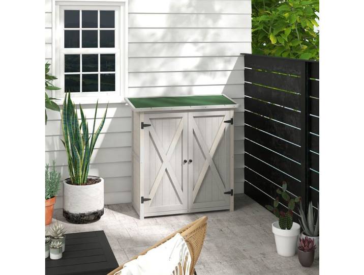 Armoire de jardin compacte 110 x 55 x 117 cm en bois 2 portes étagères et toit incliné gris clair ORVRYN