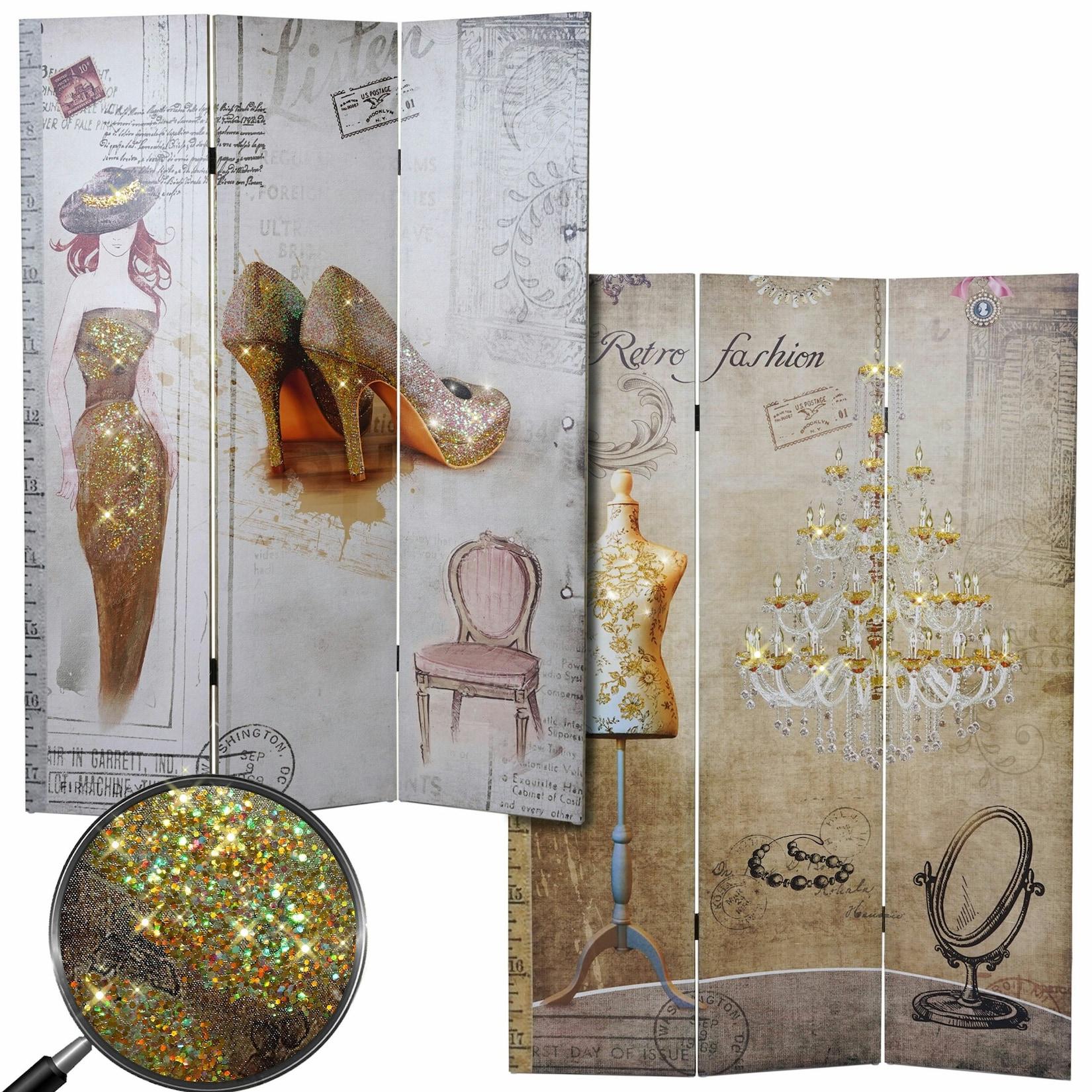 Foto-Paravent Retro, Raumteiler Trennwand, Glitzer Fashion MVG-zertifiziert ~ 170x120cm