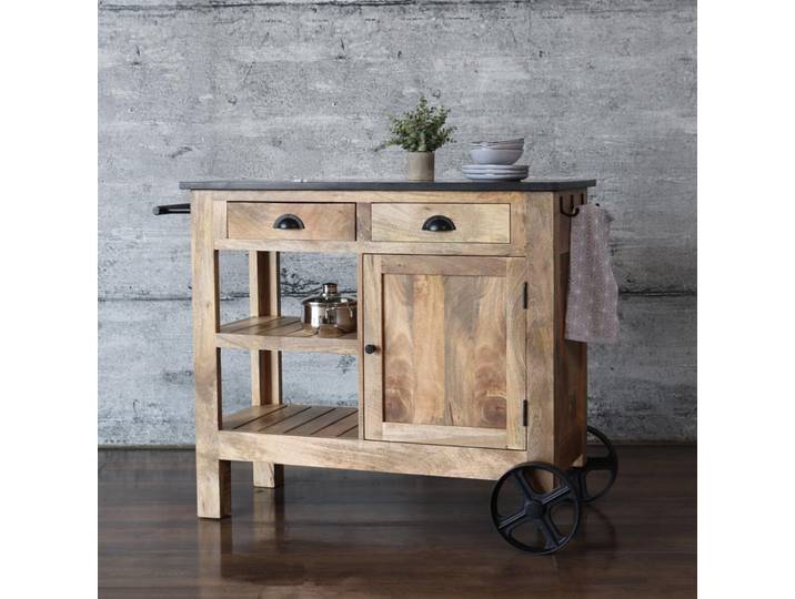 Servierwagen PULA Pflanztisch massiv Mangoholz Marmorplatte Vintage