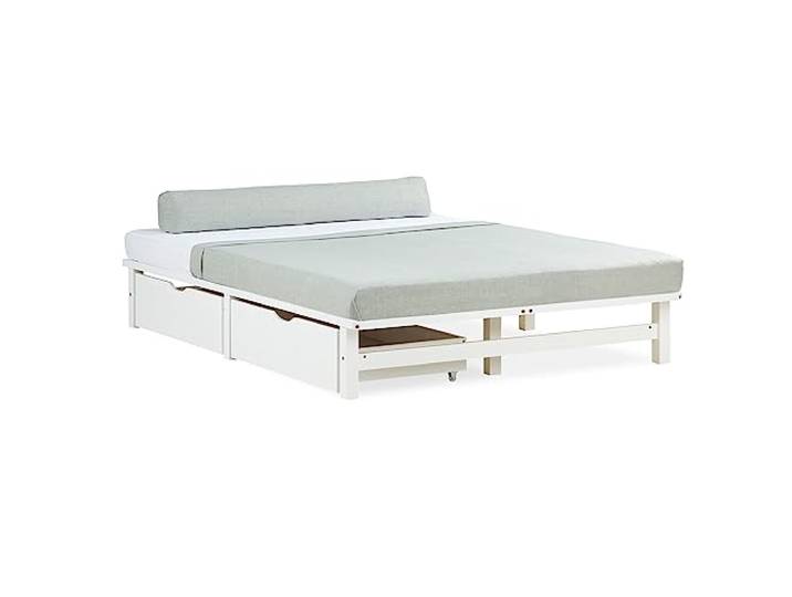 Homestyle4u Palettenbett 140x200 Weiß - Massivholz mit 2 Schubladen Kiefer massiv, inkl. Lattenrost – ideal für Studentenzimmer, WG & Gästezimmer