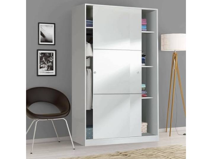 Dmora - Kleiderschrank 2 Türen Waterbury, Schlafzimmerschrank, Schrank mit 4 Regalen und Kleiderstange, 120x50h200 cm, Weiß