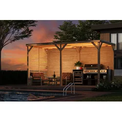 Karibu Pavillon Außenküche (453 x 231 cm - Größe L) Ohne LED Streifen inkl. gratis H-Pfostenanker