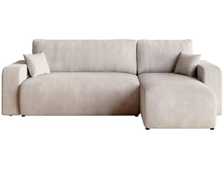 BROMARKT Ecksofa mit Schlaffunktion Kissen und Bettkasten L-Form Vanilla Schlafsofa mit Bettkasten 244x148x82cm Sofa Couch Sofabett freistehend Cord 3 sitzer Eckcouch für Wohnzimmer PUMI L