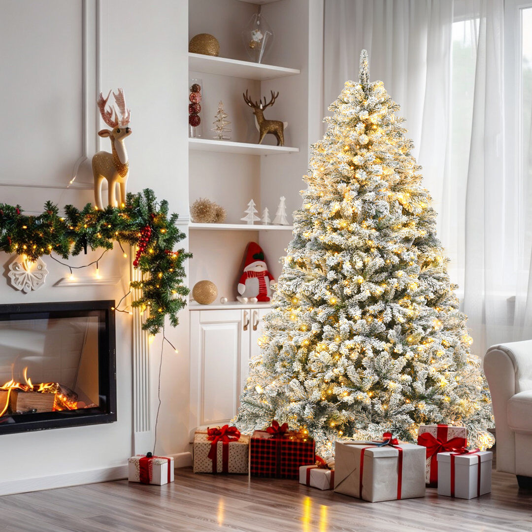 The Seasonal Aisle Antanasia 6/7.5 FT Snow Flocked Artificial Christmas Pine Tree with Warm White Lights 6ft 5.91' H X 3.12'