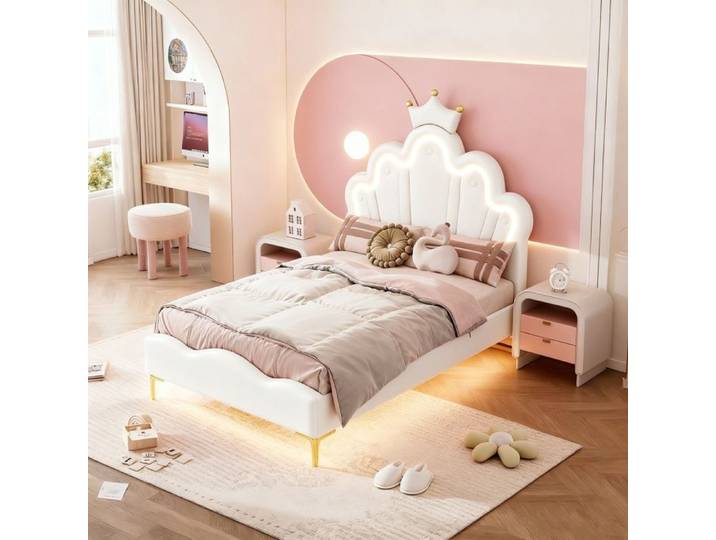 Lit princesse 90x200 cm lit enfant fille lit simple avec couronne sommier à lattes PU blanc