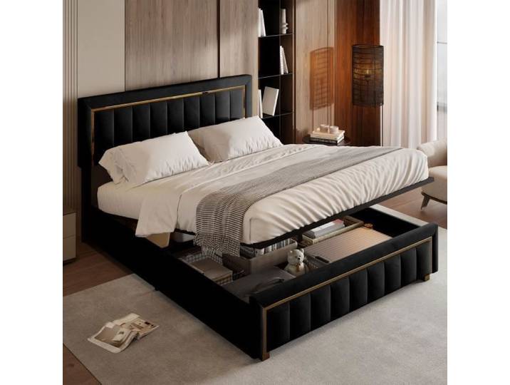 Lit coffre - Noir - 140x200cm - Sommier à lattes - Tête de lit rembourrée - Design élégant