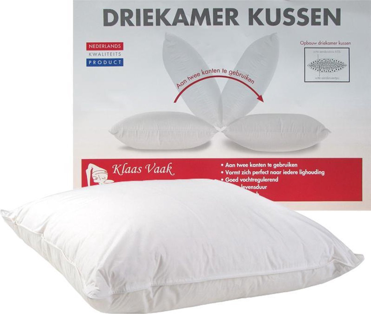 Klaas Vaak Driekamer Kussen met Eendendons en Veren - Wit - 60 x 70 cm