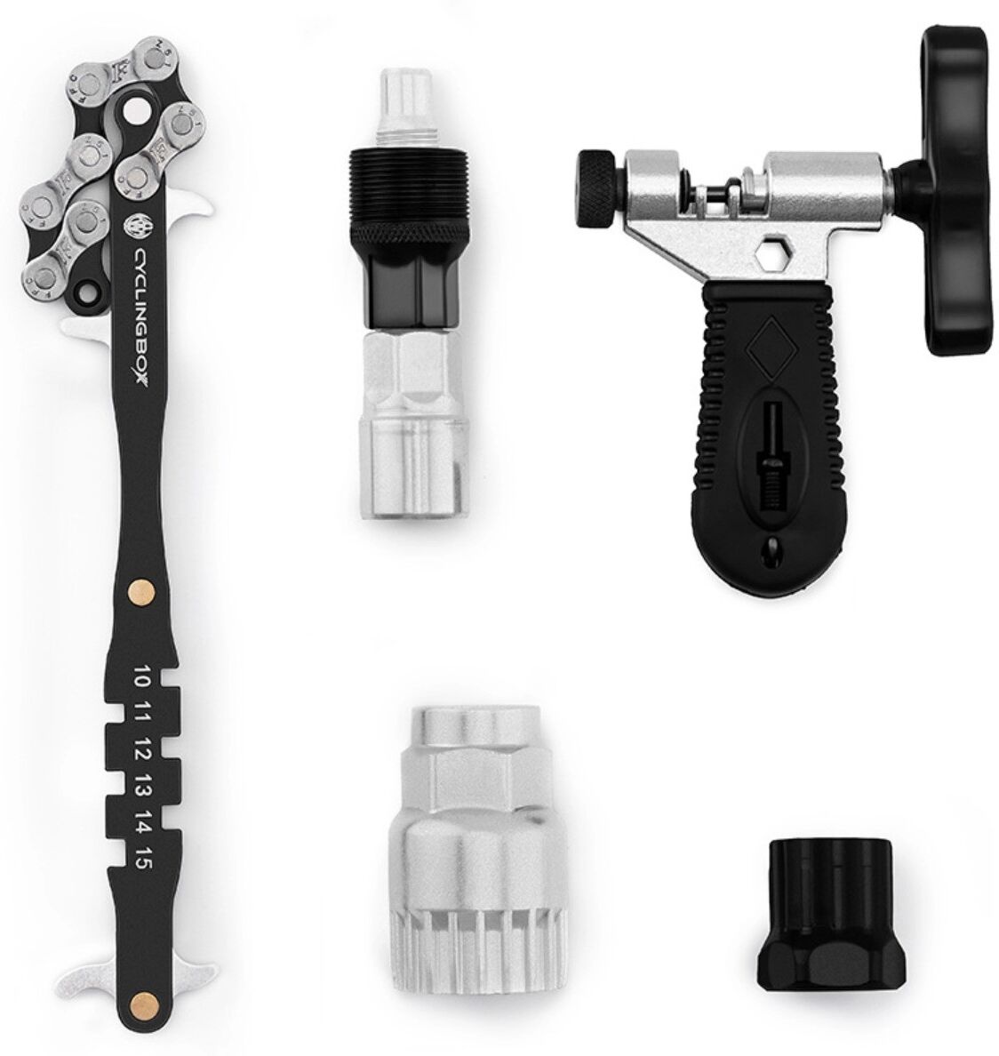 INF Kit d'outils vélo pour roue libre avec contrôleur d'usure, dérive-chaîne, extracteur de manivelle et douille de pédalier