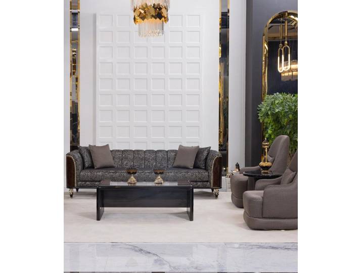 JVmoebel Polstergarnitur JVMoebel Designer Sofa mit Textilsessel in Grauton und Holzrahmen, (Set, 3-tlg)