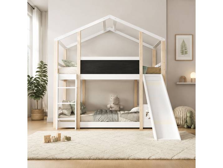 Lit Mezzanine Enfant Cabane Avec Toboggan Et Échelle 90 X 200 Cm Blanc/naturel Havrya