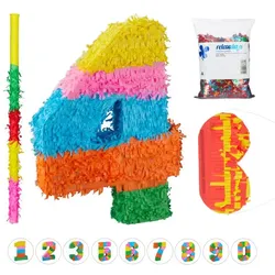 Relaxdays 4tlg. Pinata Set Zahl 4 Grün,Hellblau,Orange