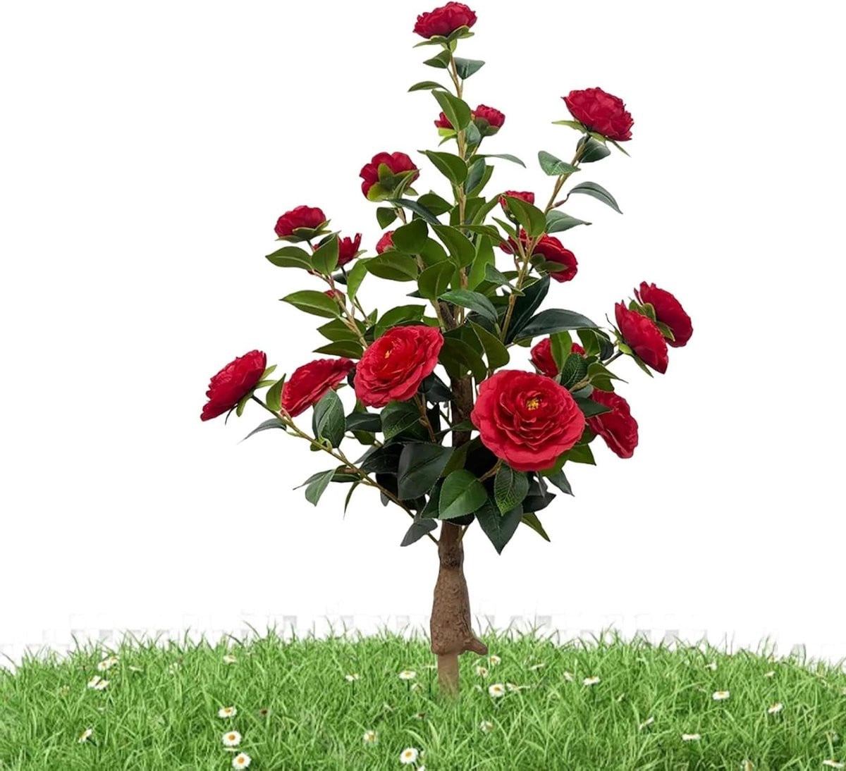 Realistische kunstmatige kamerboom met rode bloemen - 88 cm hoog