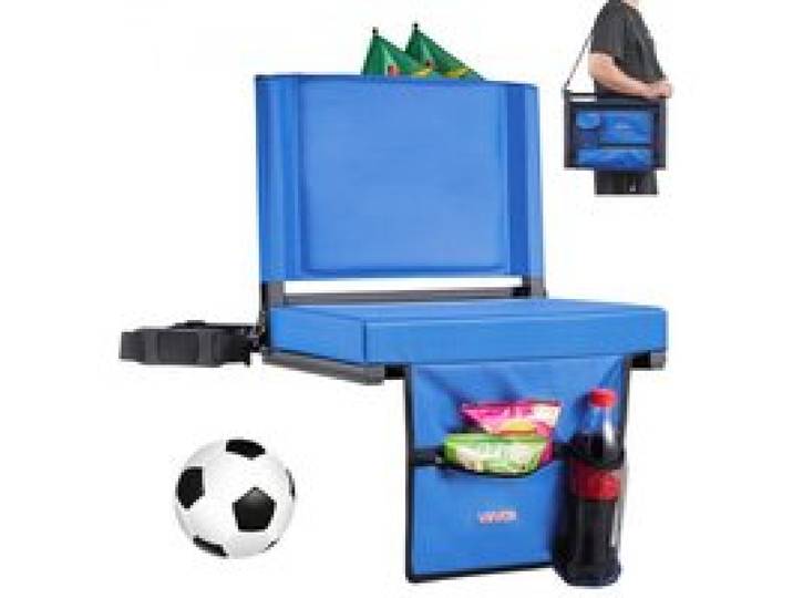 VEVOR Siège de stade pliable, chaise de gradin avec support dorsal et coussin épais, chaise de stade rembourré avec bandoulière, crochets, porte-gobelet et poche latérale, pour événement sportif, bleu